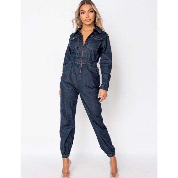 Long Sleeve Denim Jeans Loose Fit Utility Boiler Jumpsuit Playsuit - Picture 5 of 8